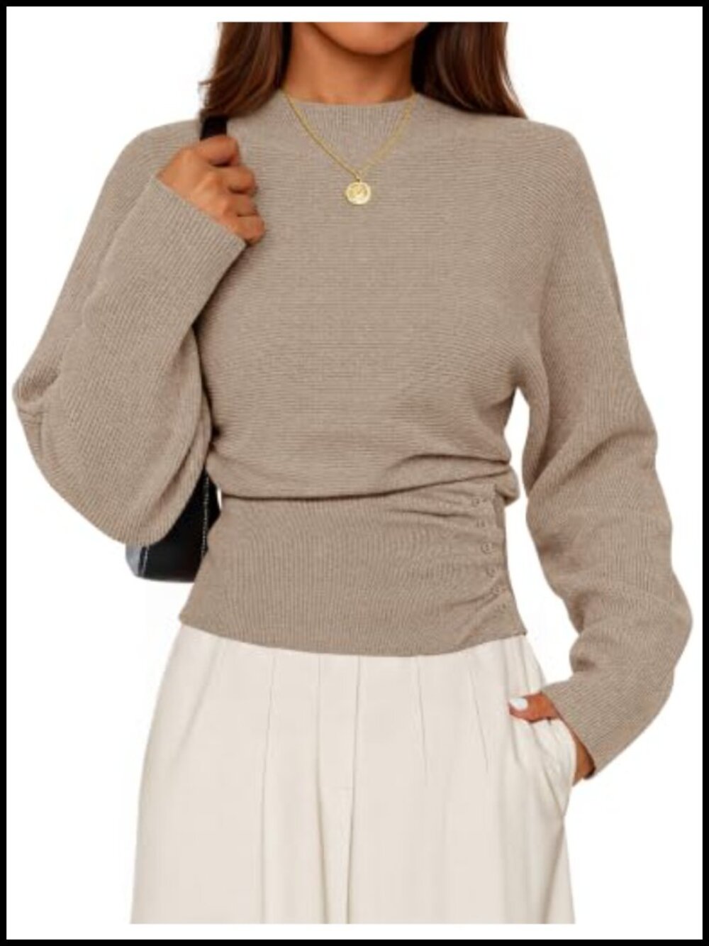 Women's Mock Neck Batwing Sleeve Sweater Ruched Knit Pullover